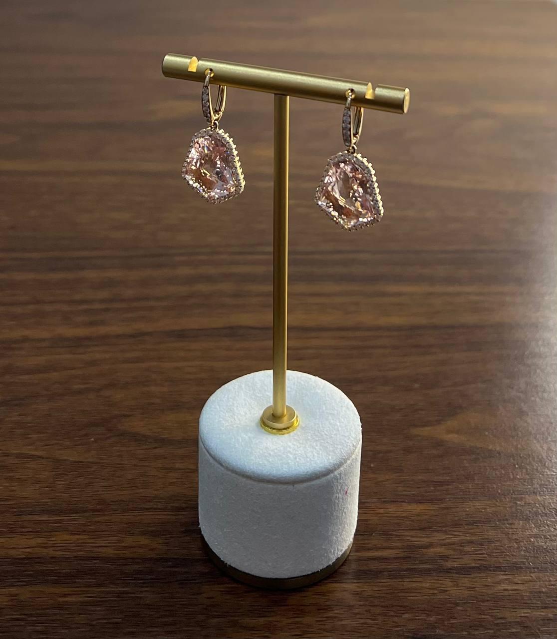 Shield Kite Shape Peach Pink Morganite Diamond Halo 18K Rose Gold Fancy Earrings For Sale 4