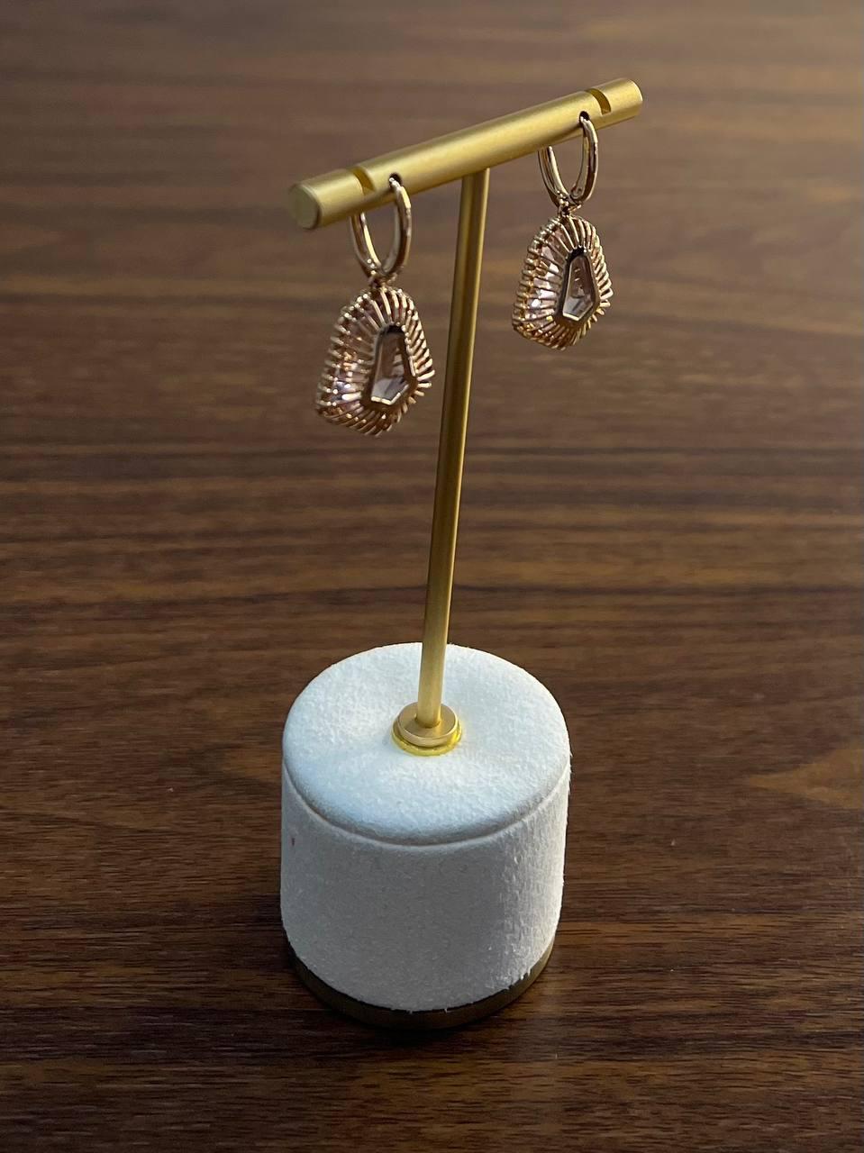 Shield Kite Shape Peach Pink Morganite Diamond Halo 18K Rose Gold Fancy Earrings For Sale 5