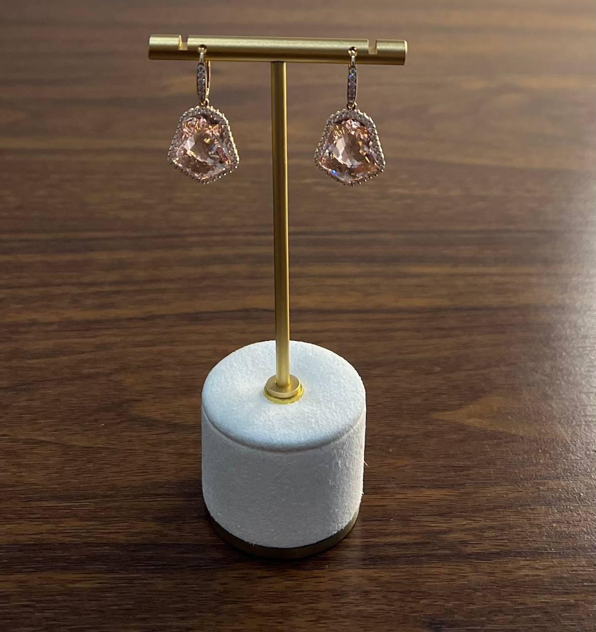 Shield Kite Shape Peach Pink Morganite Diamond Halo 18K Rose Gold Fancy Earrings For Sale 6