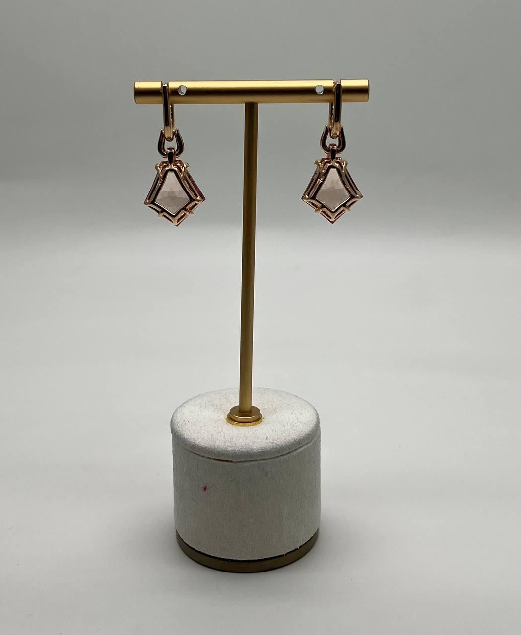 Contemporary Shield Kite Shape Peach Pink Morganite Diamond Halo 18K Rose Gold Fancy Earrings For Sale