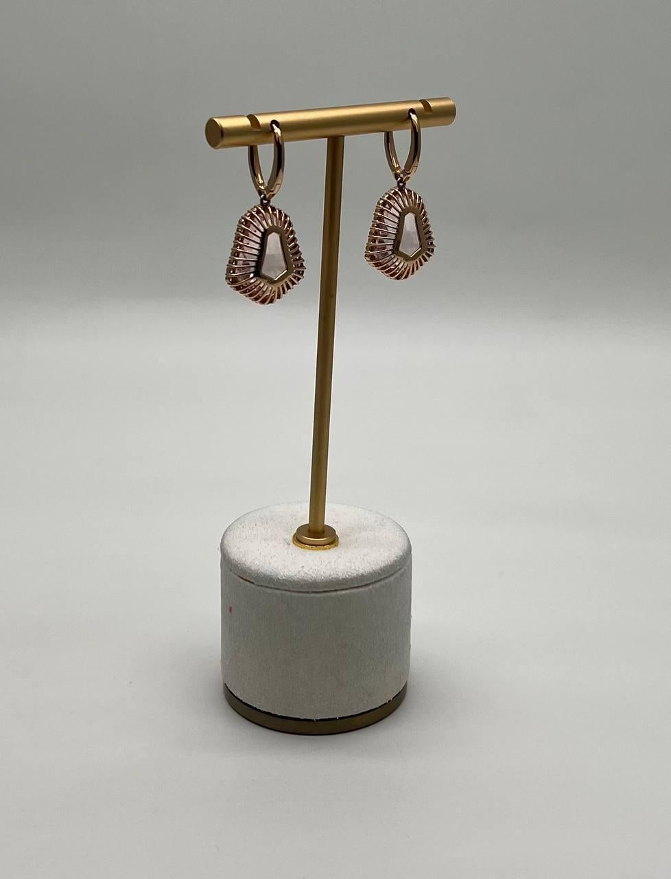 Modern Shield Kite Shape Peach Pink Morganite Diamond Halo 18K Rose Gold Fancy Earrings For Sale