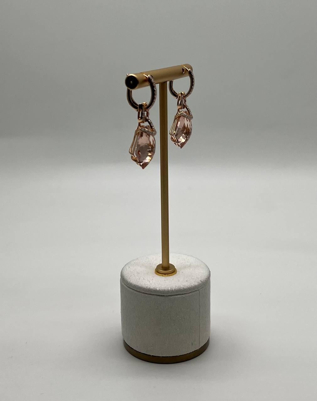 Shield Cut Shield Kite Shape Peach Pink Morganite Diamond Halo 18K Rose Gold Fancy Earrings For Sale