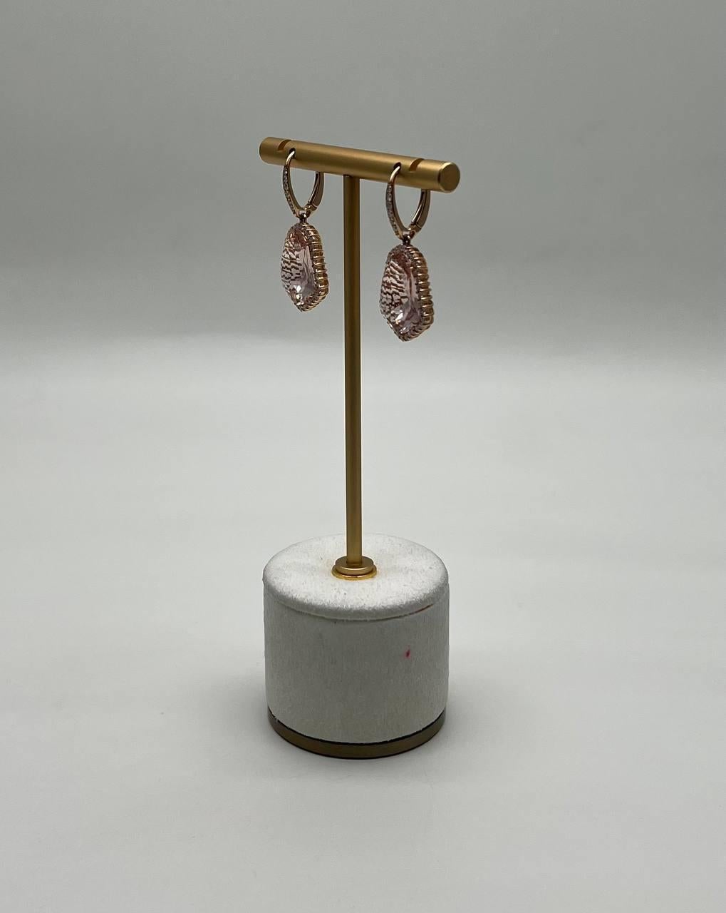 Kite Cut Shield Kite Shape Peach Pink Morganite Diamond Halo 18K Rose Gold Fancy Earrings For Sale