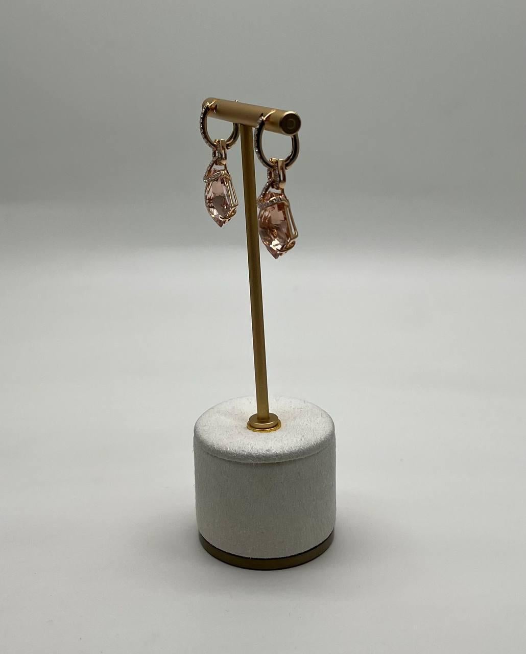Shield Kite Shape Peach Pink Morganite Diamond Halo 18K Rose Gold Fancy Earrings In New Condition For Sale In Oakton, VA
