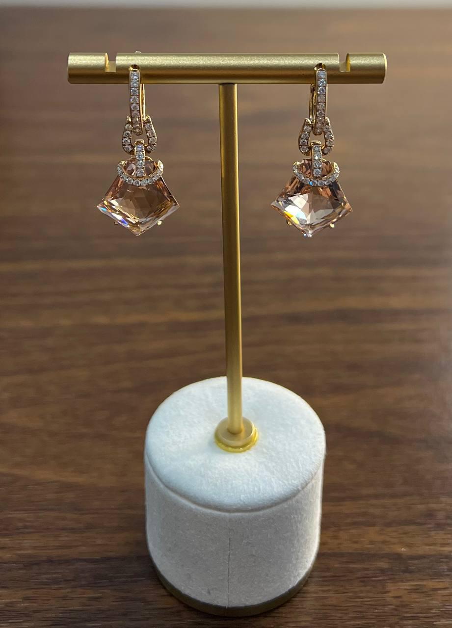 Women's Shield Kite Shape Peach Pink Morganite Diamond Halo 18K Rose Gold Fancy Earrings For Sale