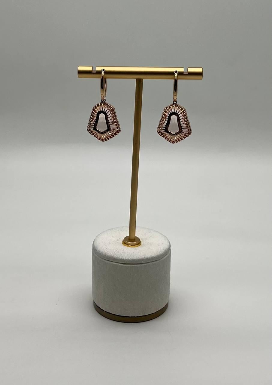 Women's Shield Kite Shape Peach Pink Morganite Diamond Halo 18K Rose Gold Fancy Earrings For Sale