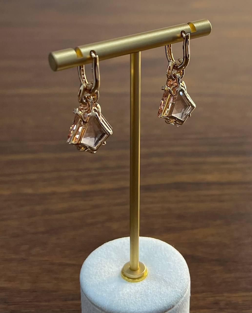 Shield Kite Shape Peach Pink Morganite Diamond Halo 18K Rose Gold Fancy Earrings For Sale 1
