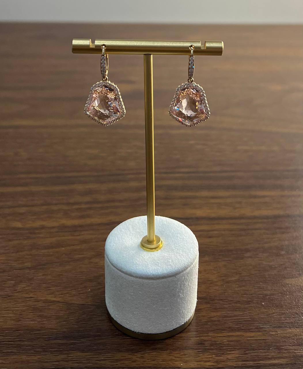 Shield Kite Shape Peach Pink Morganite Diamond Halo 18K Rose Gold Fancy Earrings For Sale 1