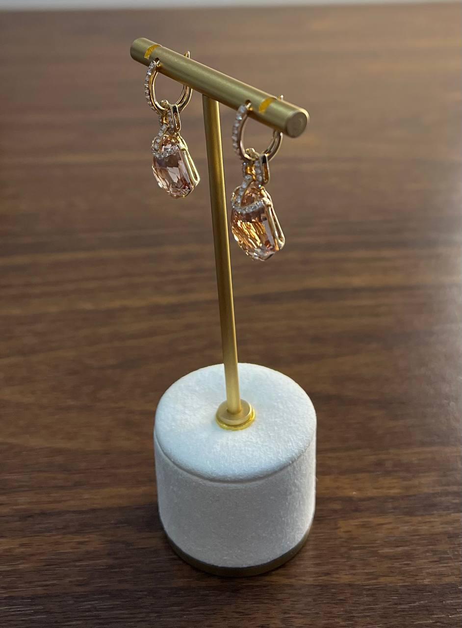 Shield Kite Shape Peach Pink Morganite Diamond Halo 18K Rose Gold Fancy Earrings For Sale 2