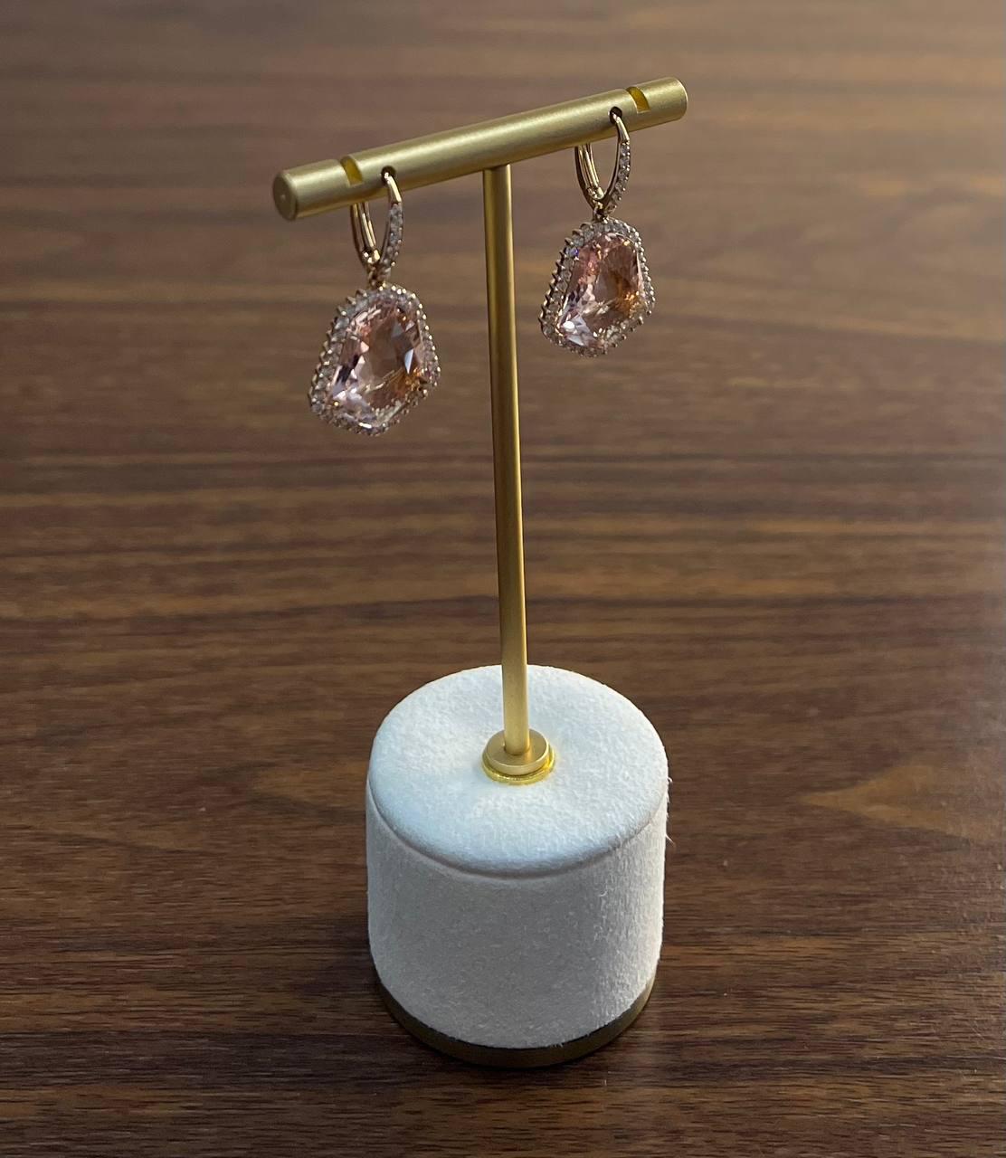 Shield Kite Shape Peach Pink Morganite Diamond Halo 18K Rose Gold Fancy Earrings For Sale 2