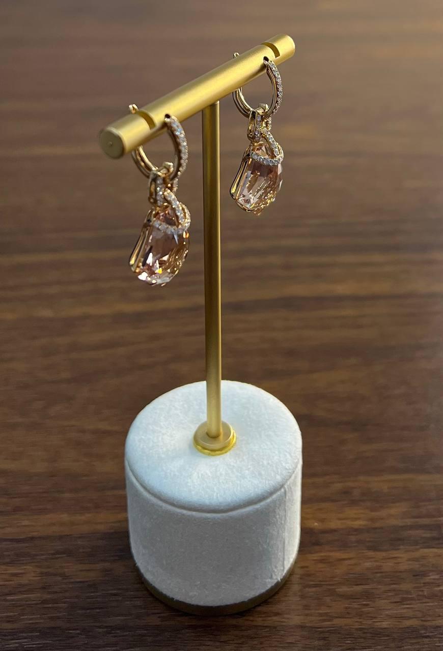 Shield Kite Shape Peach Pink Morganite Diamond Halo 18K Rose Gold Fancy Earrings For Sale 3
