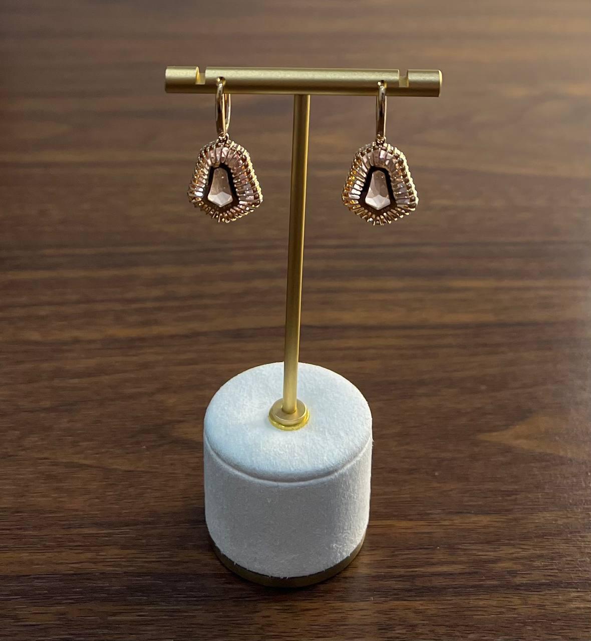 Shield Kite Shape Peach Pink Morganite Diamond Halo 18K Rose Gold Fancy Earrings For Sale 3