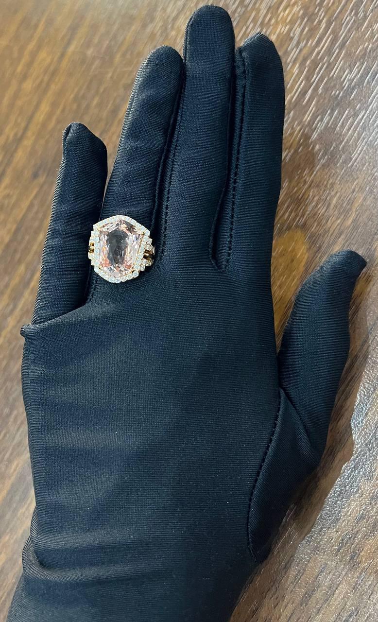 Shield Kite Shape Peach Pink Morganite Diamond Halo 18K Rose Gold Fancy Ring For Sale 5