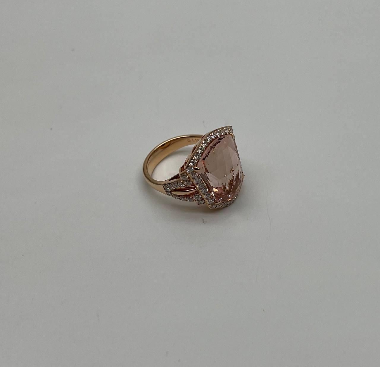 Shield Cut Shield Kite Shape Peach Pink Morganite Diamond Halo 18K Rose Gold Fancy Ring For Sale