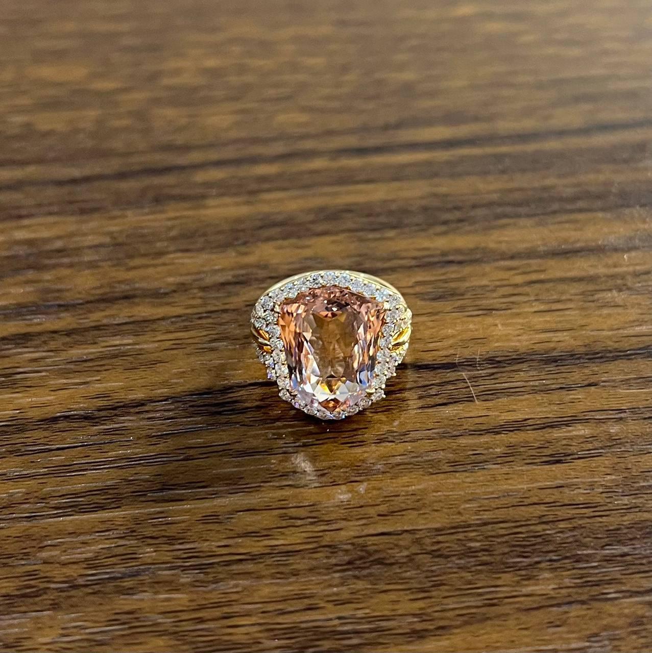 Women's Shield Kite Shape Peach Pink Morganite Diamond Halo 18K Rose Gold Fancy Ring For Sale