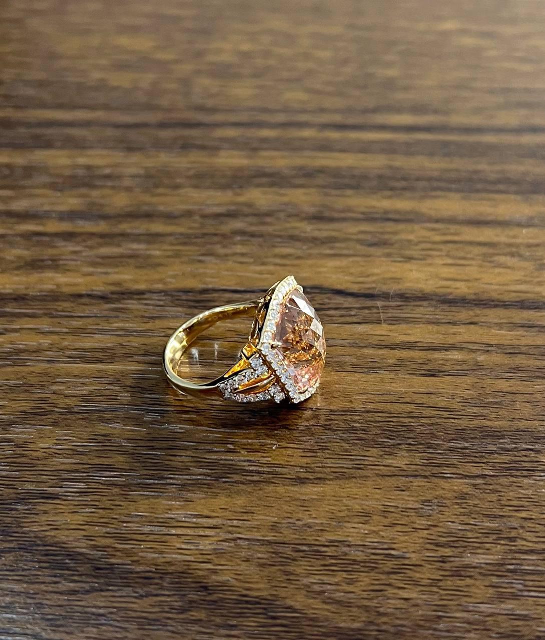 Shield Kite Shape Peach Pink Morganite Diamond Halo 18K Rose Gold Fancy Ring For Sale 1