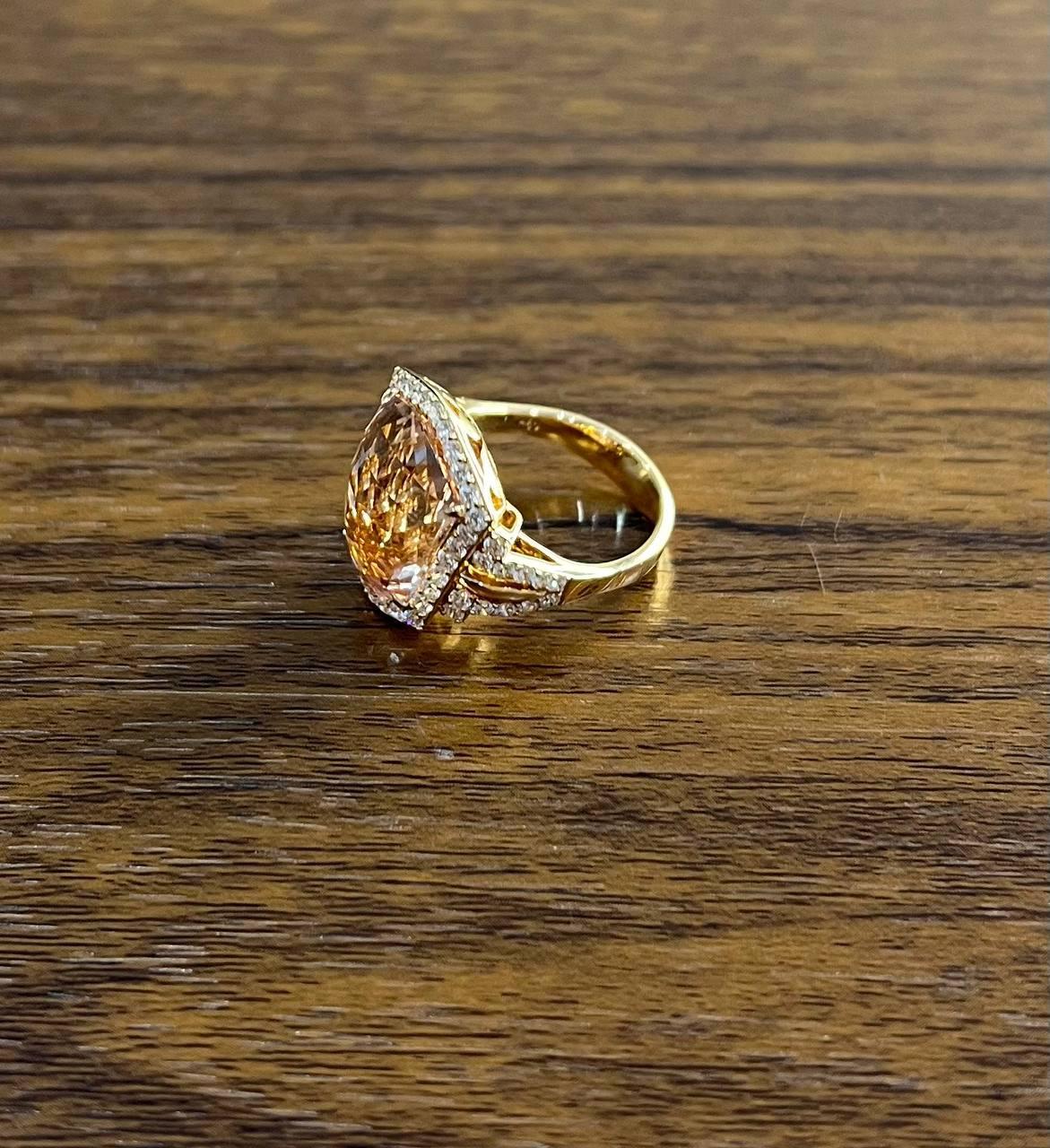 Shield Kite Shape Peach Pink Morganite Diamond Halo 18K Rose Gold Fancy Ring For Sale 2