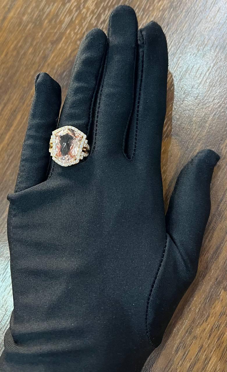 Shield Kite Shape Peach Pink Morganite Diamond Halo 18K Rose Gold Fancy Ring For Sale 4