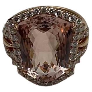 Shield Kite Shape Peach Pink Morganite Diamond Halo 18K Rose Gold Fancy Ring