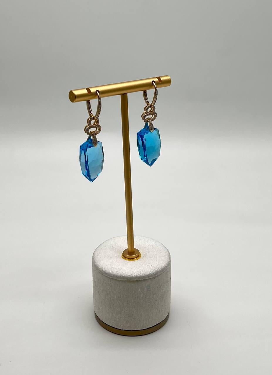 Kite Cut Shield Kite Shape Swiss Blue Topaz Diamond Accent 14K Yellow Gold Drop Earrings For Sale