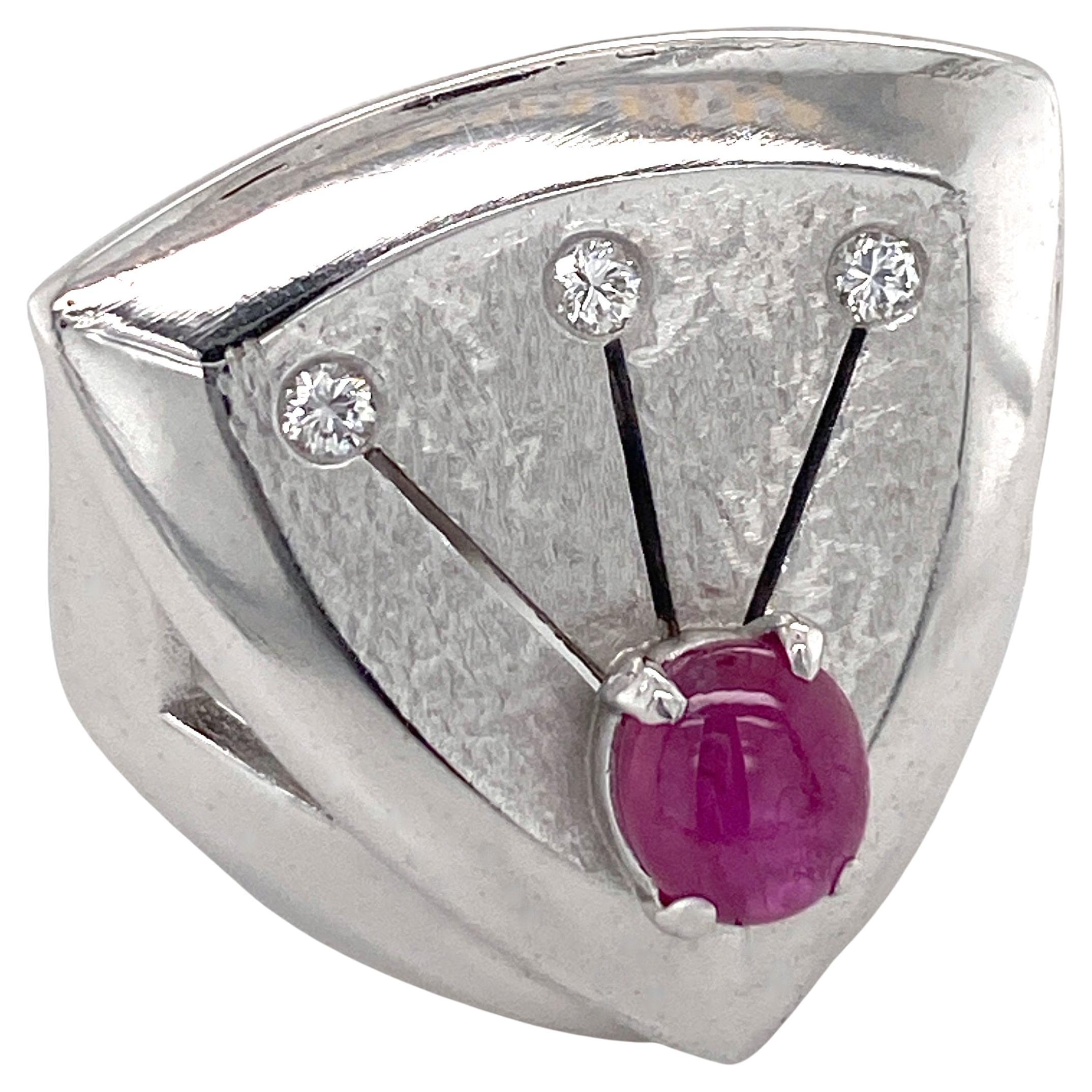 "Shield" Modern Power Ring in White Gold with Ruby & Diamonds For Sale