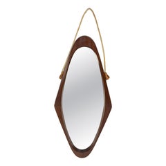 "Shield" oval wall mirror in teak, rope, and leather, Made in Italy, 1960s