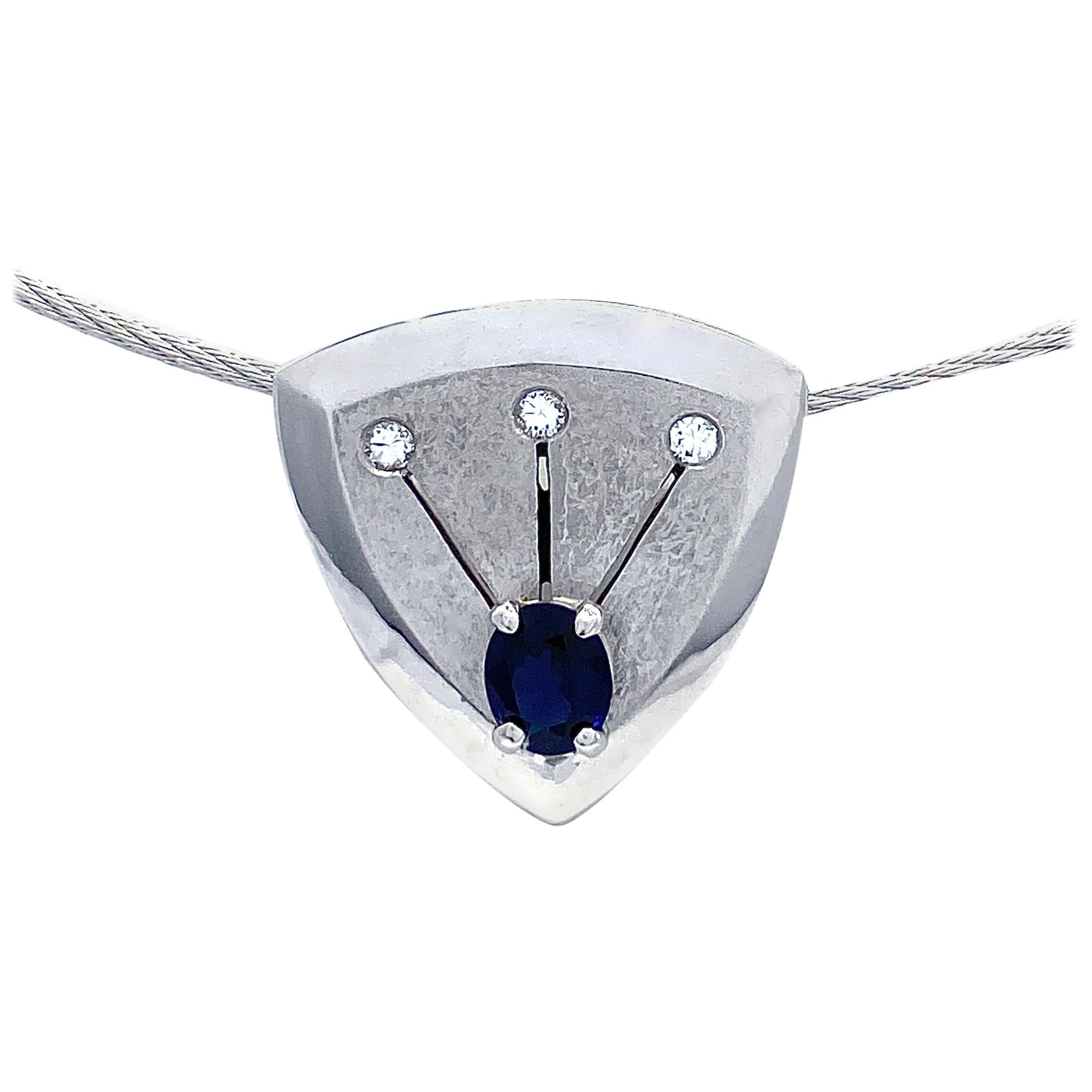 "Shield" Pendant with Sapphire and Diamonds on Cable Chain, All in White Gold