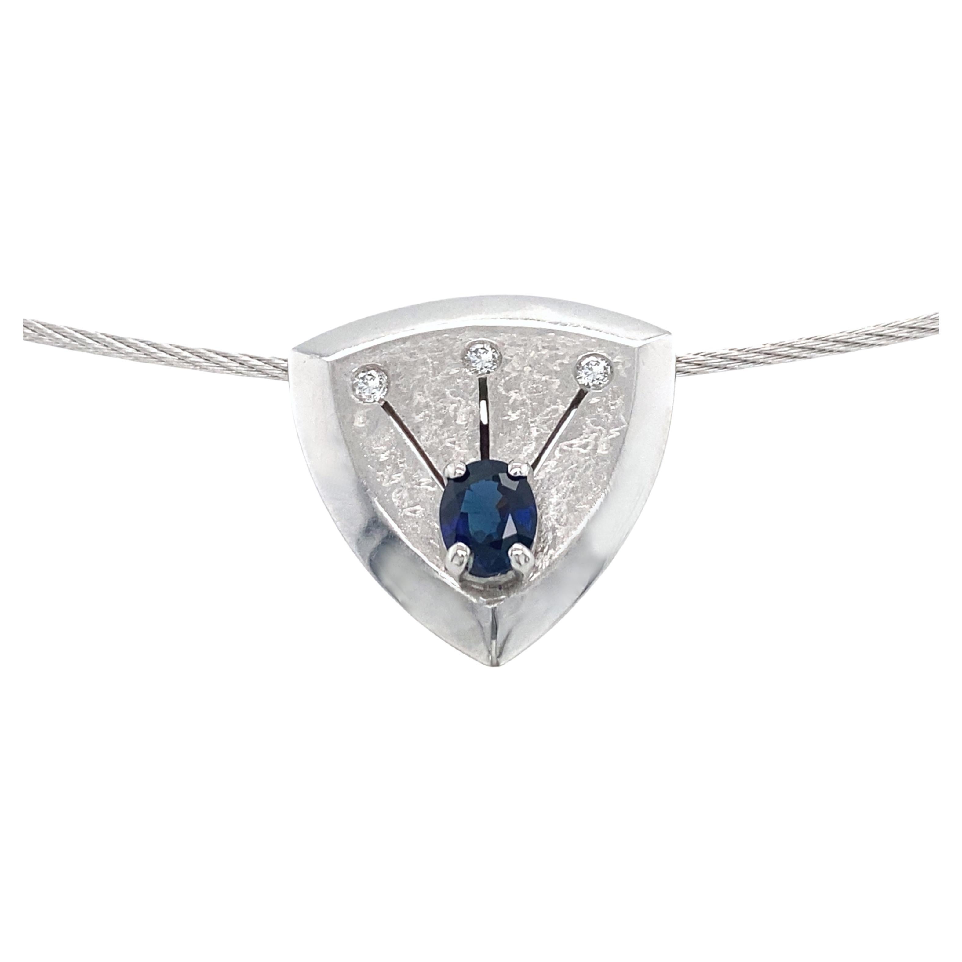 "Shield" Pendant with Sapphire and Diamonds on Cable Chain, All in White Gold For Sale