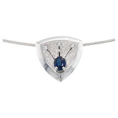 "Shield" Pendant with Sapphire and Diamonds on Cable Chain, All in White Gold