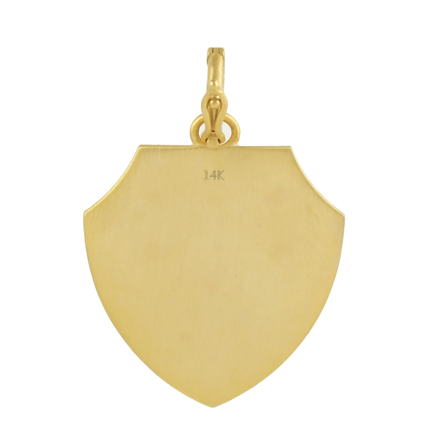 Taglio misto Ciondolo a forma di scudo con disegni di stelle e smalto turchese in oro giallo 14 ct. in vendita