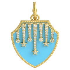 Pendentif bouclier avec motifs d'étoiles et émail turquoise fabriqué en or jaune 14 carats