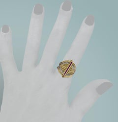 Cigar Band or Shield Ring in 18K Gold with Carré-Cut Rubies & Granulation Detail