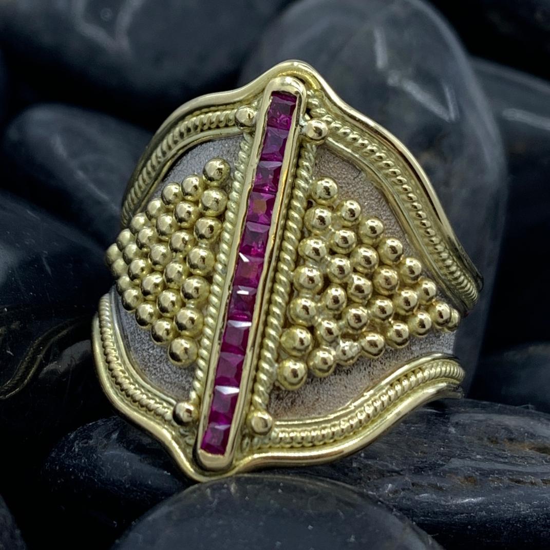 Contemporary Cigar Band or Shield Ring in 18K Gold with Carré-Cut Rubies & Granulation Detail