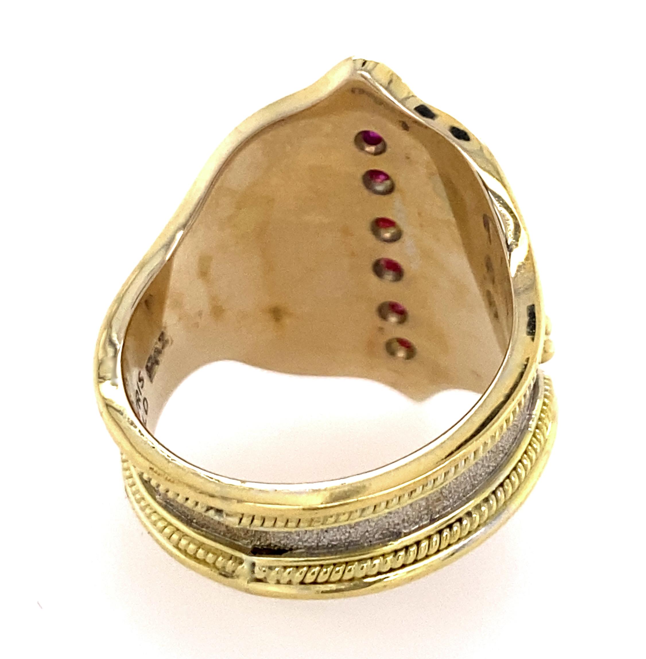 Cigar Band or Shield Ring in 18K Gold with Carré-Cut Rubies & Granulation Detail 2