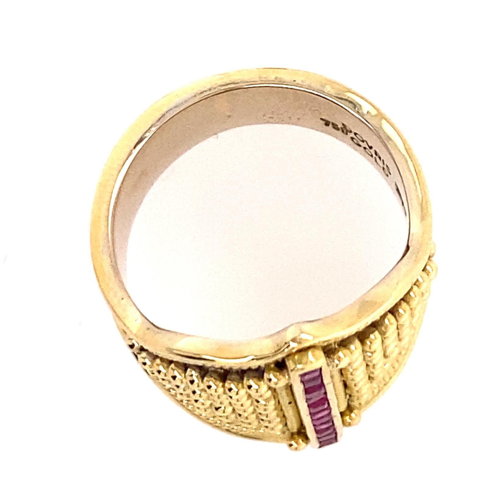 Cigar Band or Shield Ring in 18K Gold with Carré-Cut Rubies & Granulation Detail 3