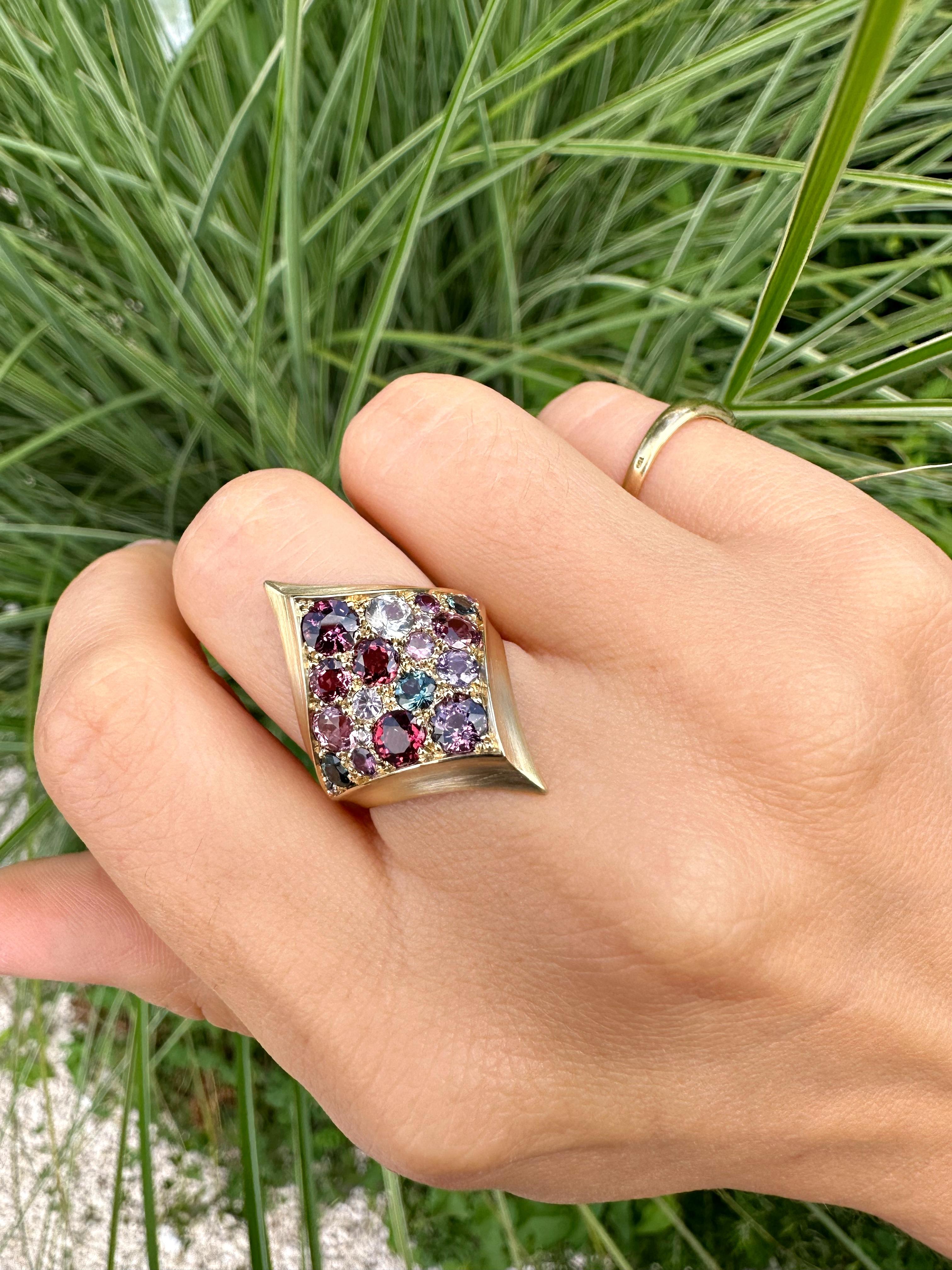 Brilliant Cut Shield Ring Pink Vibes, Spinels, Garnets, Tourmalines and Sapphires  For Sale
