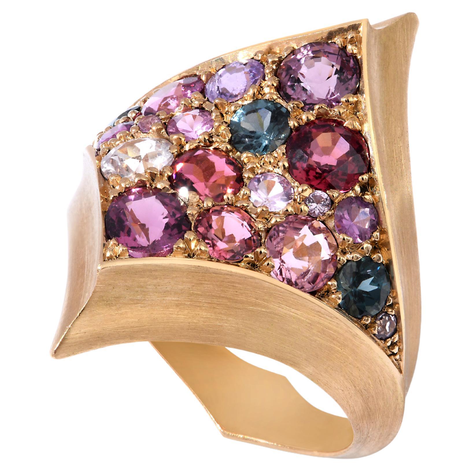 Shield Ring Pink Vibes, Spinels, Garnets, Tourmalines and Sapphires  For Sale