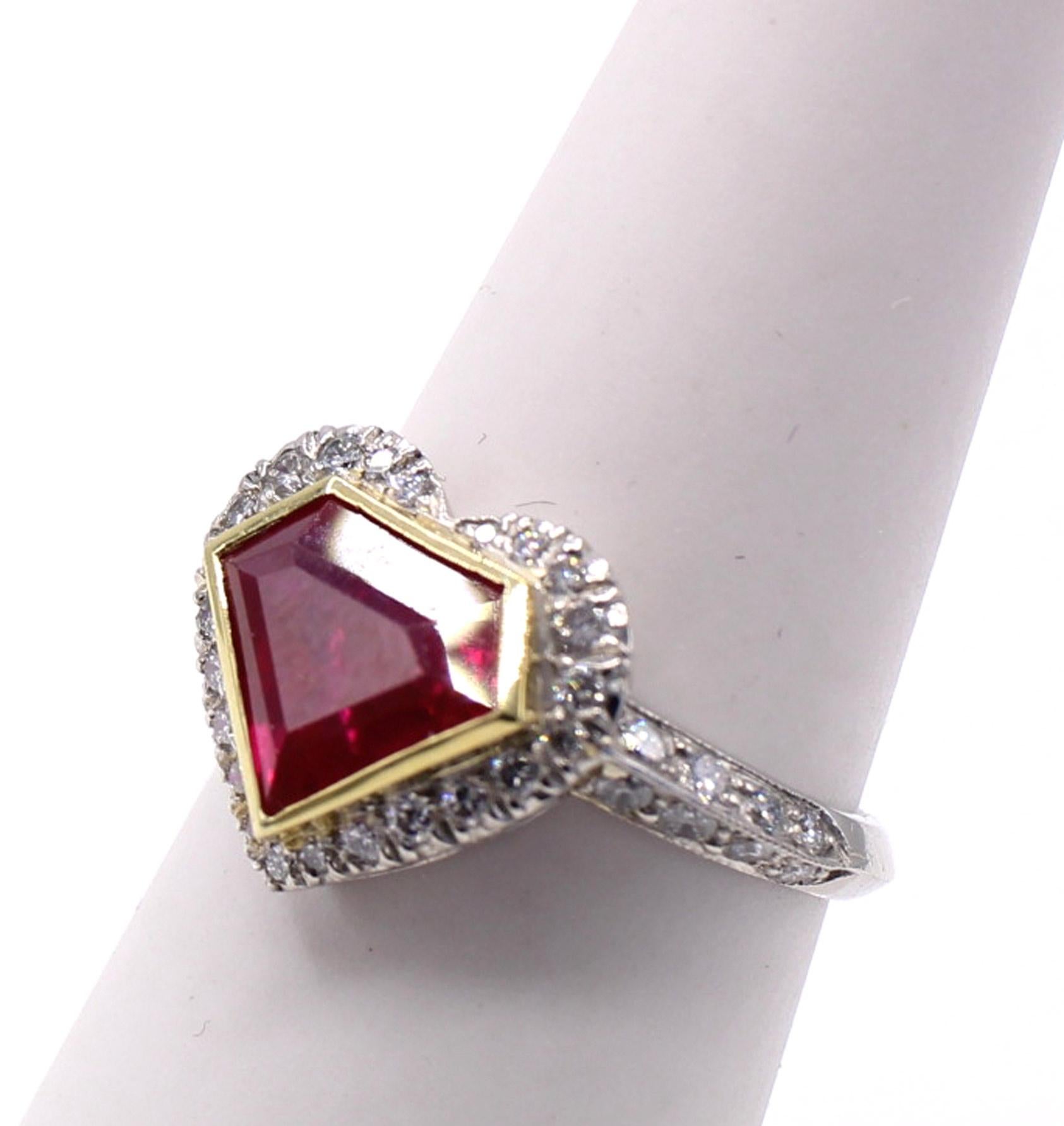 Shield Cut Shield Shape 3.01 Carat Burma Ruby Diamond Ring For Sale