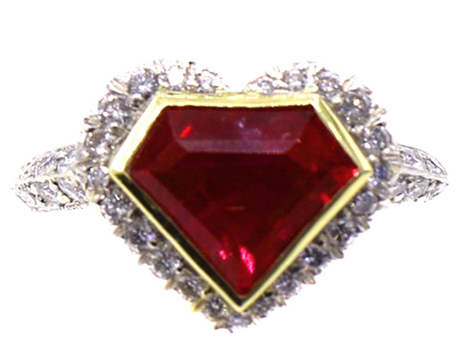 Shield Shape 3.01 Carat Burma Ruby Diamond Ring For Sale 4
