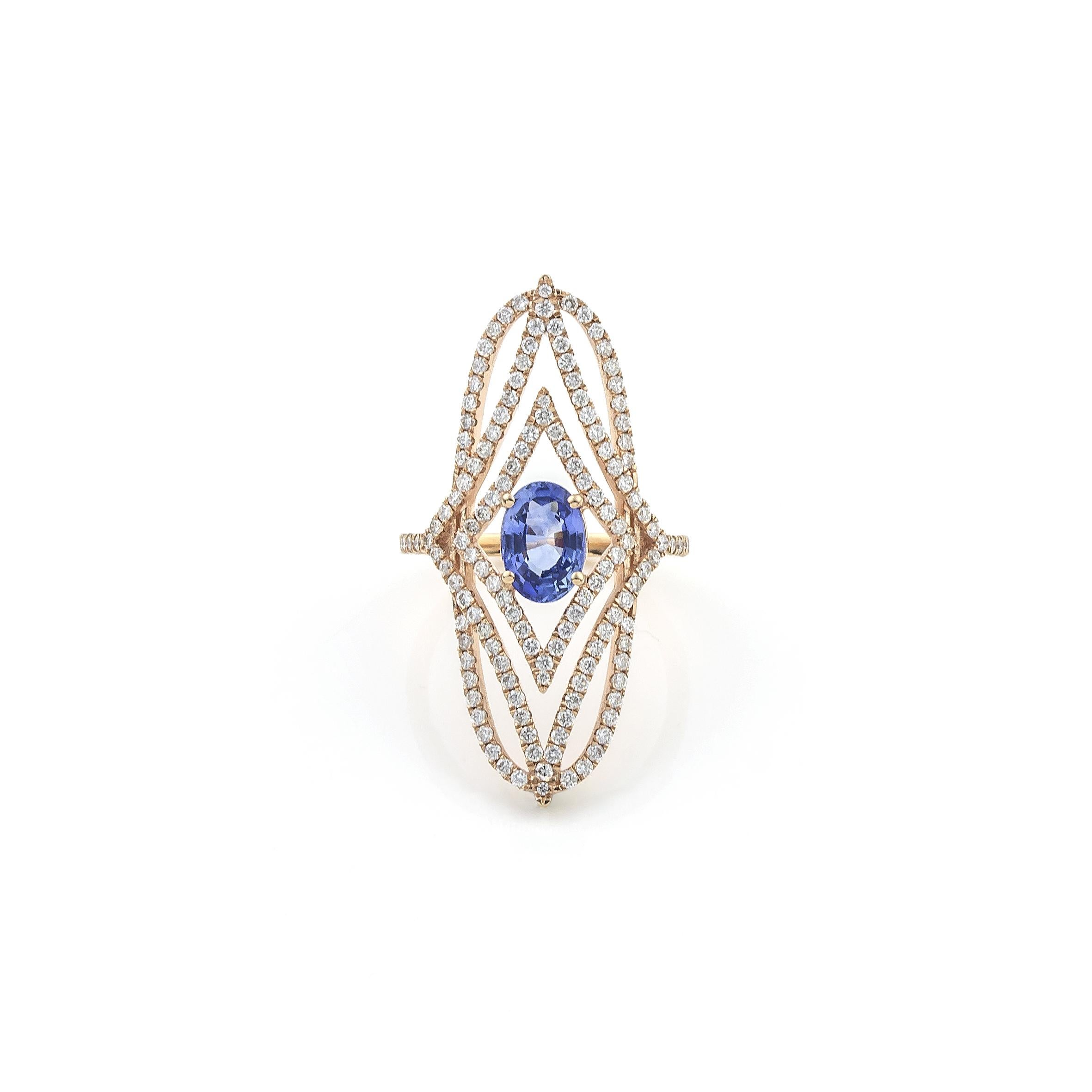 Greek Shield Shape Ring in 18Kt Rose Gold with Oval Sapphire & Brilliant Cut Diamonds. 
Handcrafted Ring made of 18Kt in the shape of a Greek Shield with 2.09 ct Oval center Sapphire, set among four slim prongs, surrouned by 1,40 ct diamonds. Pave