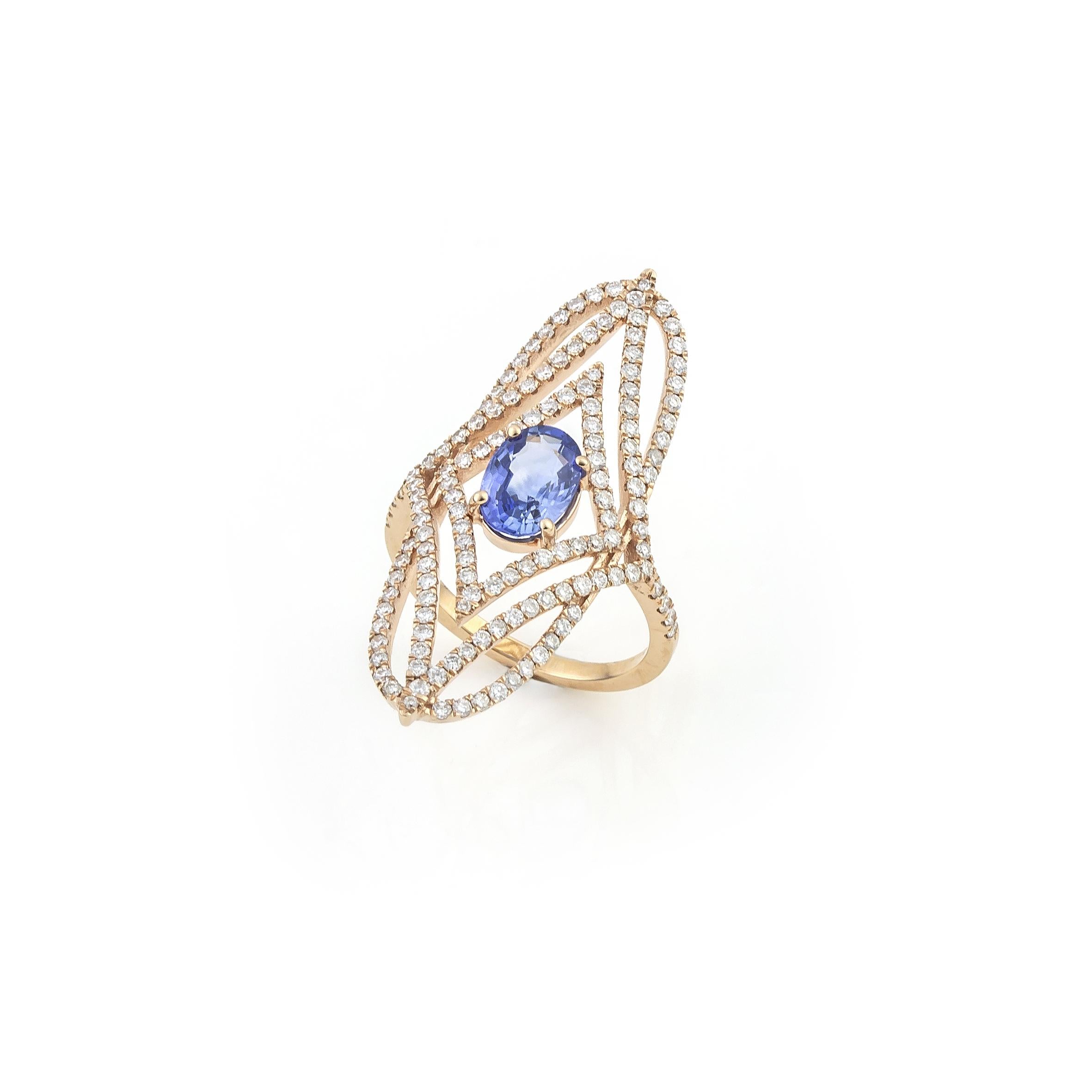 Modern Shield Shape Ring in 18Kt Rose Gold with Oval Blue Sapphire and Pave Diamonds For Sale