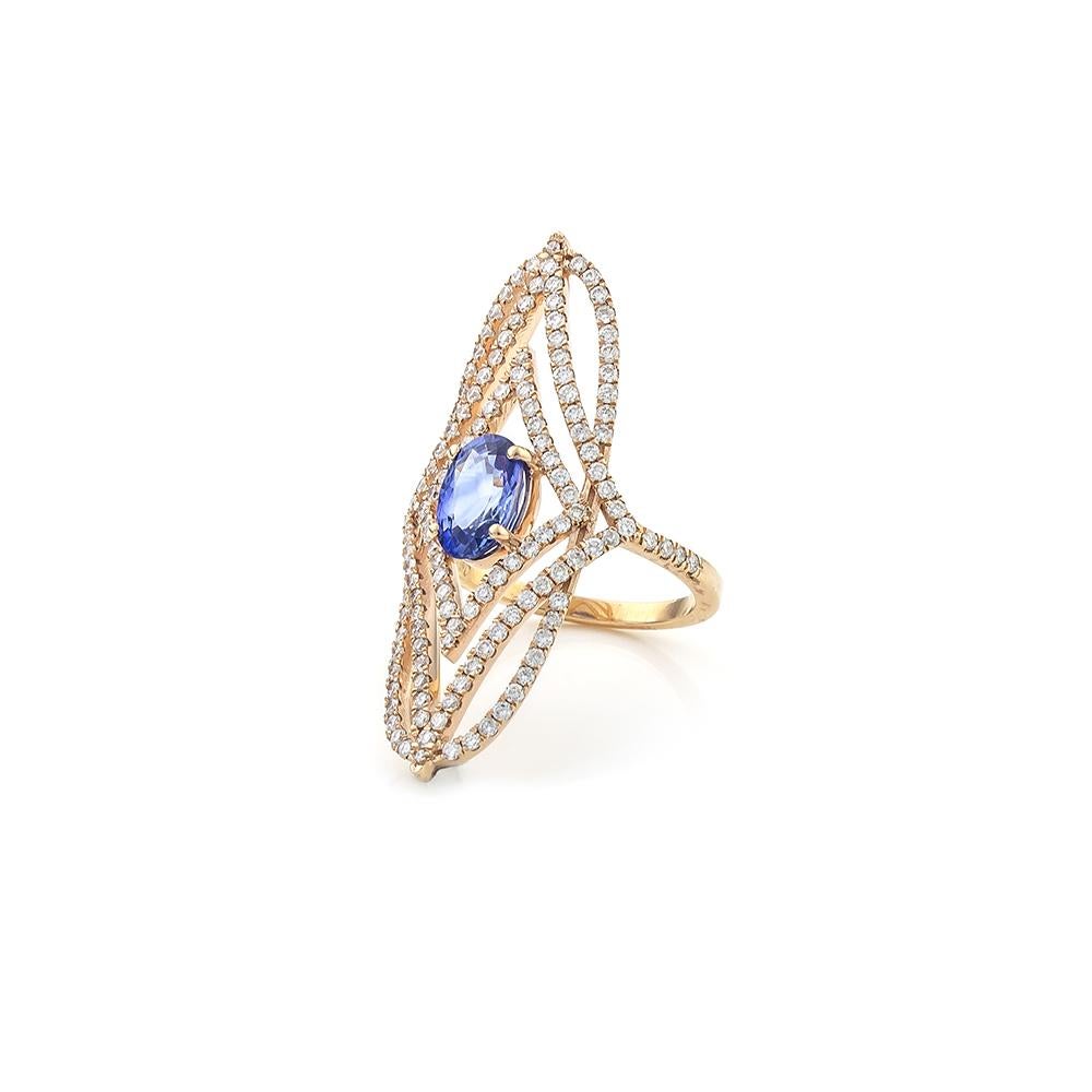 Oval Cut Shield Shape Ring in 18Kt Rose Gold with Oval Blue Sapphire and Pave Diamonds For Sale