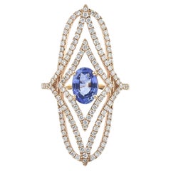 Shield Shape Ring in 18Kt Rose Gold with Oval Blue Sapphire and Pave Diamonds