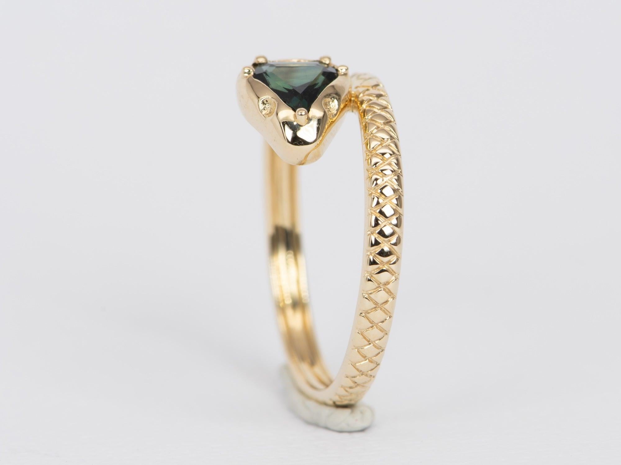 Shield Shape Teal Sapphire Snake Bypass Ring 14k Gold R6519 In New Condition In Osprey, FL