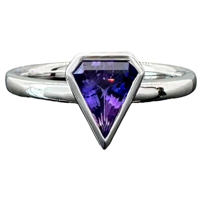 Shield shaped bezel set .90 carat purple sapphire and 14k white gold ring by G&G For Sale