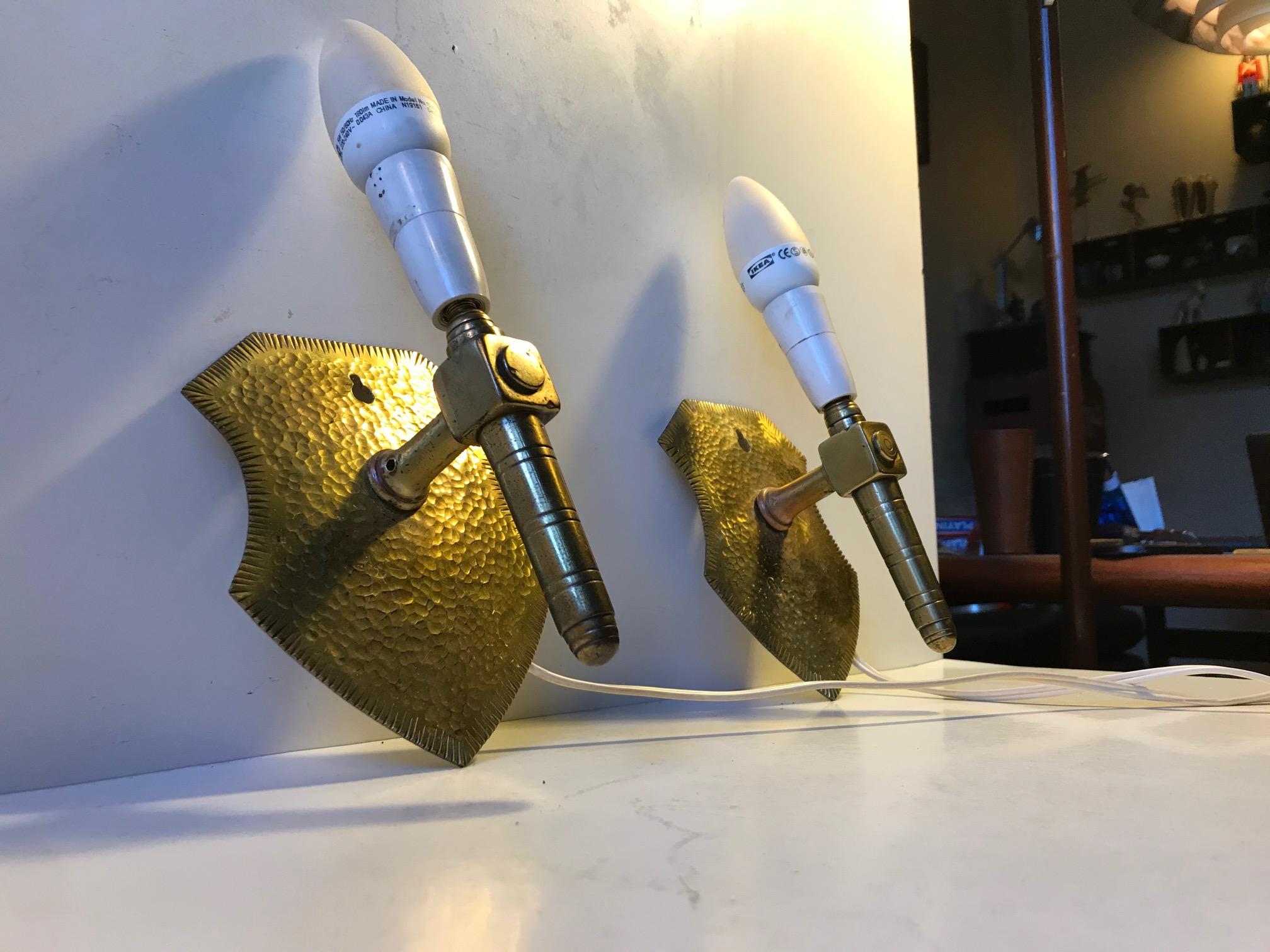 Danish Shield Shaped Brass Sconces in the Style of Gothic Revival, 1960s