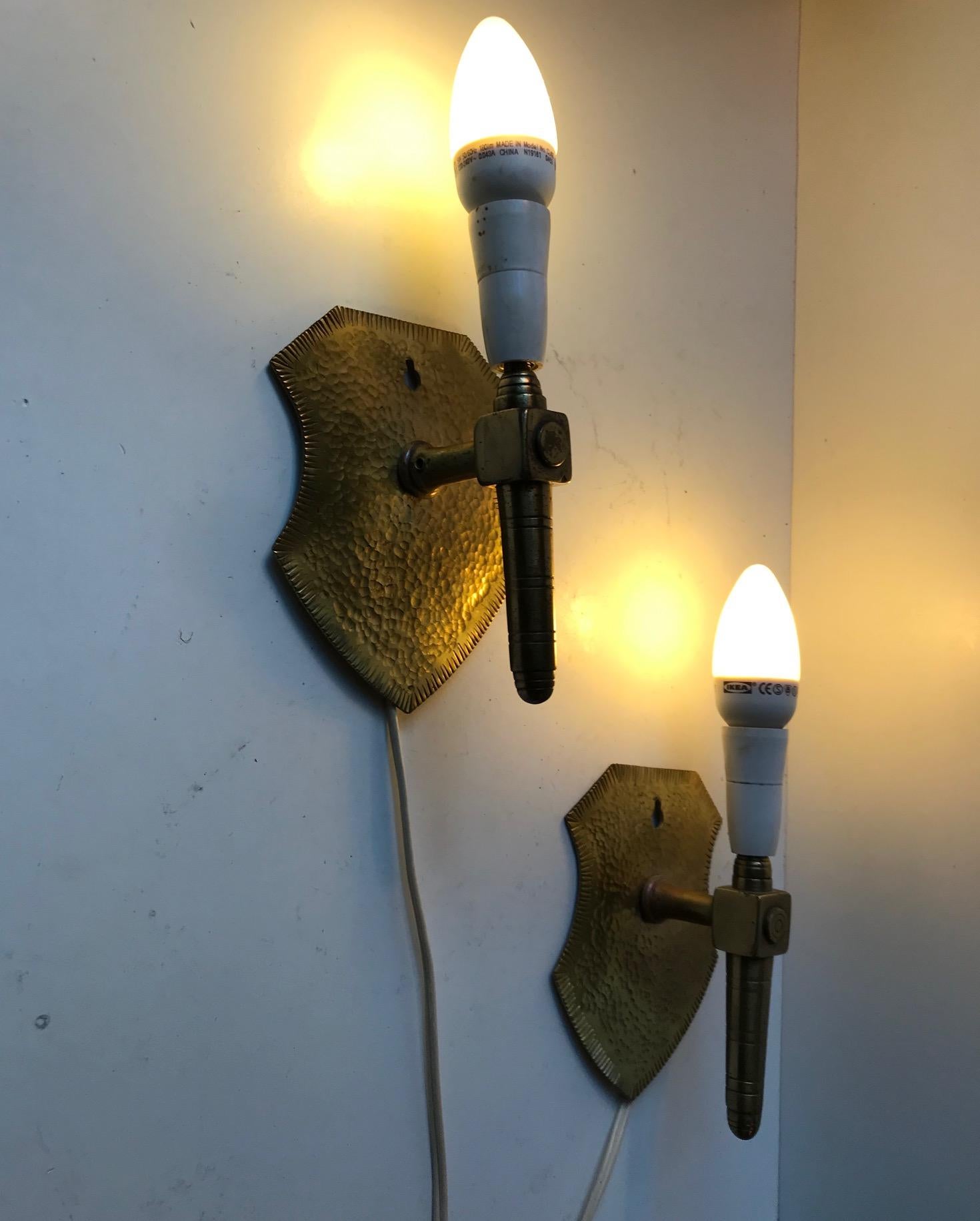 Mid-20th Century Shield Shaped Brass Sconces in the Style of Gothic Revival, 1960s