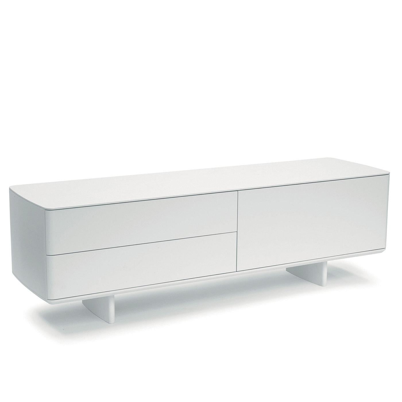 Fluid lines and ethereal flair merge in this outstanding, all-white wooden sideboard which will superbly complement residential or business interiors alike. Raised on a minimalist base in matte white Cristalplant® - sustainable material appreciated