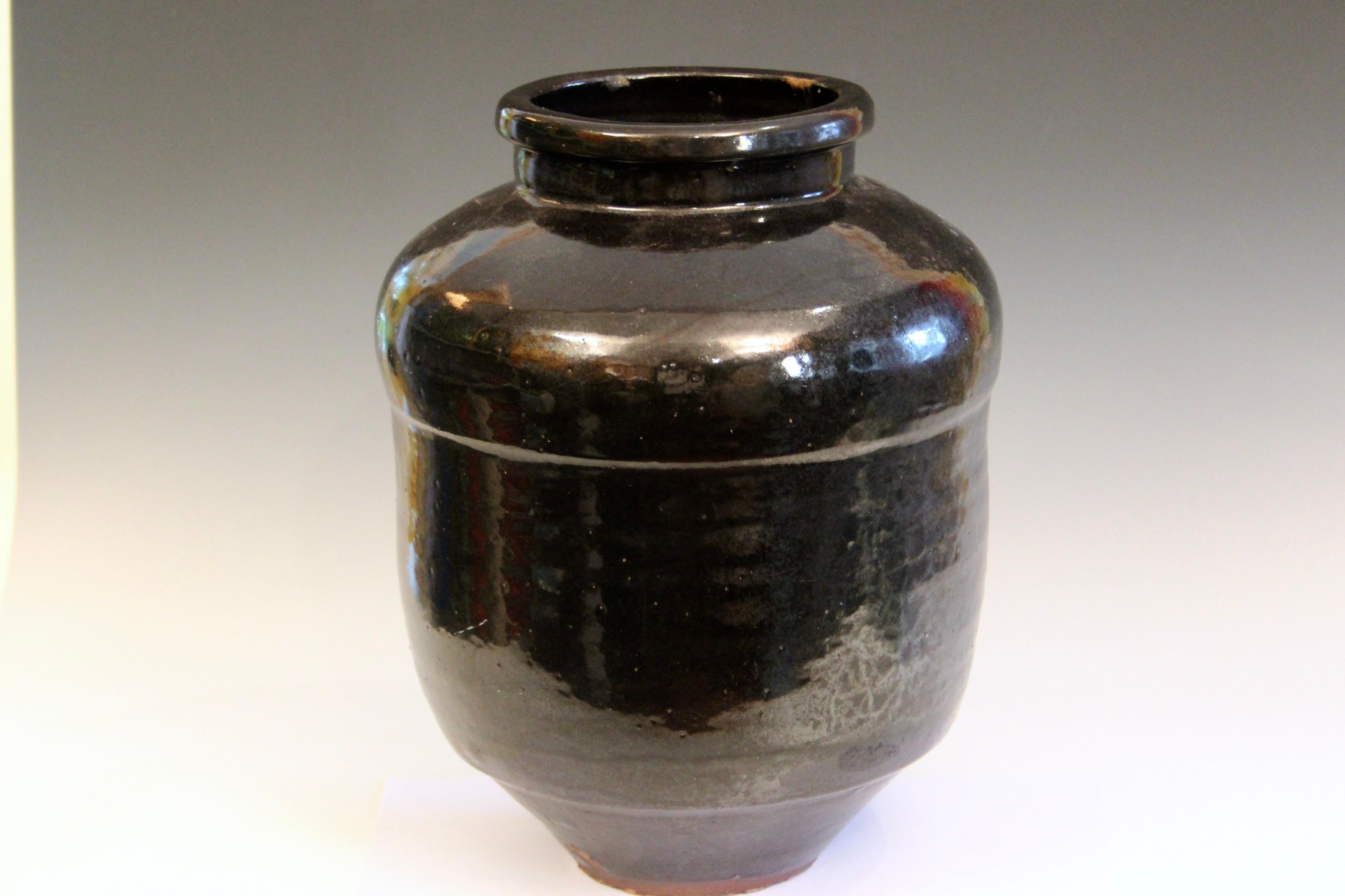 Edo Shigaraki Jar Tsubo Vase Pottery Mingei Japanese Wabi Sabi Metallic Black Zen For Sale