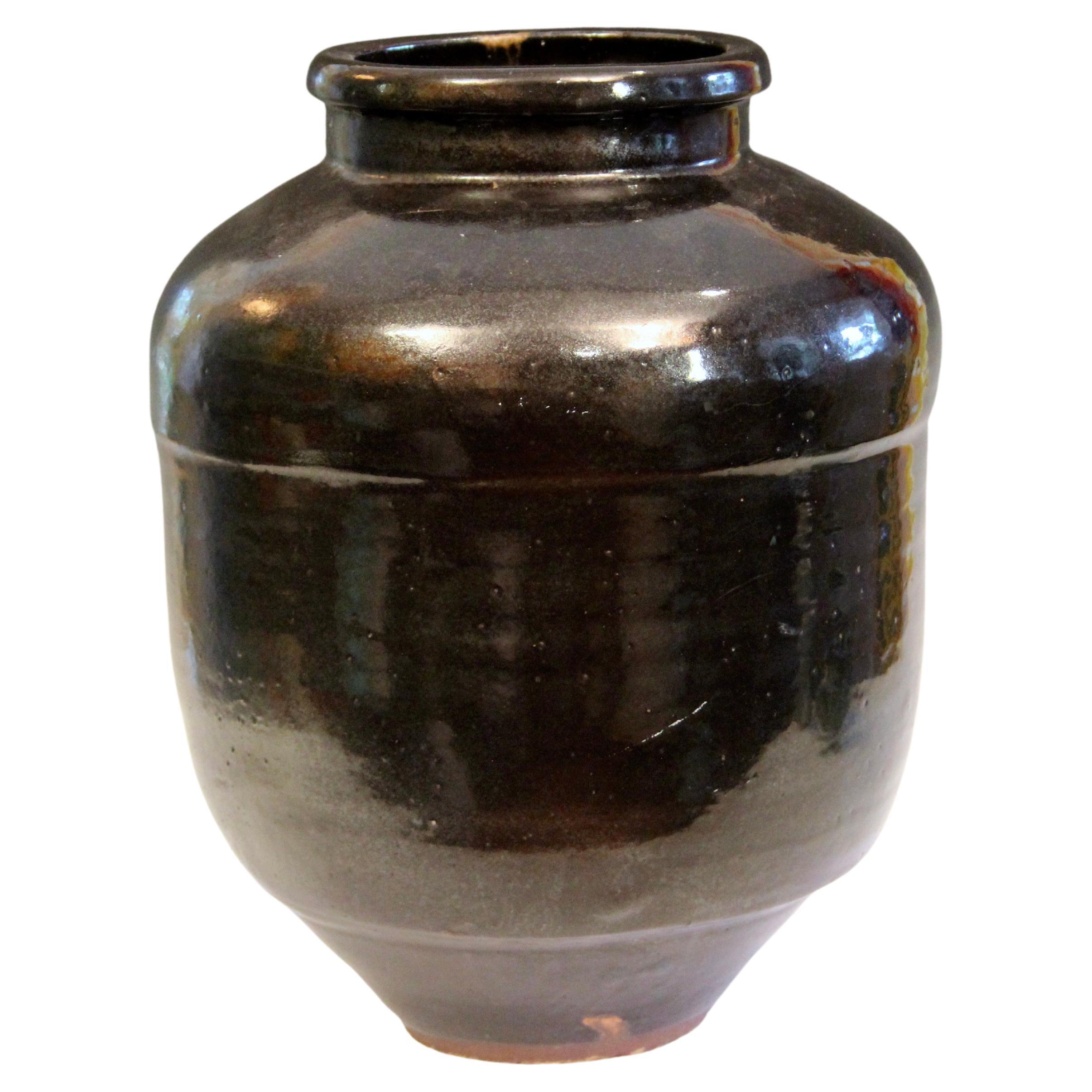 Shigaraki Jar Tsubo Vase Pottery Mingei Japanese Wabi Sabi Metallic Black Zen For Sale